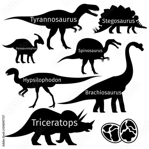 Types of dinosaurus vector silhouettes isolated on white background. Illustration of dinosaur black silhouette, reptile prehistoric