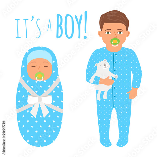 Boy babies isolated on white background. boy, Baby child life, infant with pacifier, vector illustration
