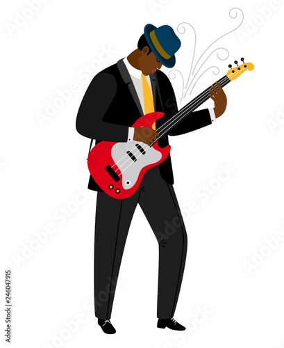 Jazz guitarist in hat with musical instrument. Vector jazz concert, instrument music guitarist illustration