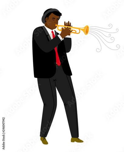 Jazz trumpeter playing on concert isolated on white. Jazz trumpeter african, musician man. Vector illustration