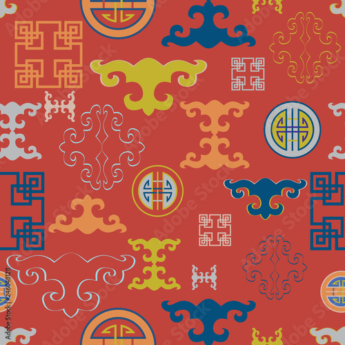 Vector Illustration of stylized, abstract, coral, bright, colourful mongolian traditional symbols and elements. © oyuna