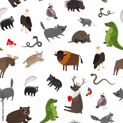 North america animals seamless pattern. Vector illustration. Wildlife skunk and buffalo, mouse and porcupine
