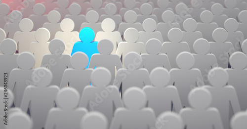 Stand out from the crowd and different creative idea concepts, man standing out of crowd - 3d rendering