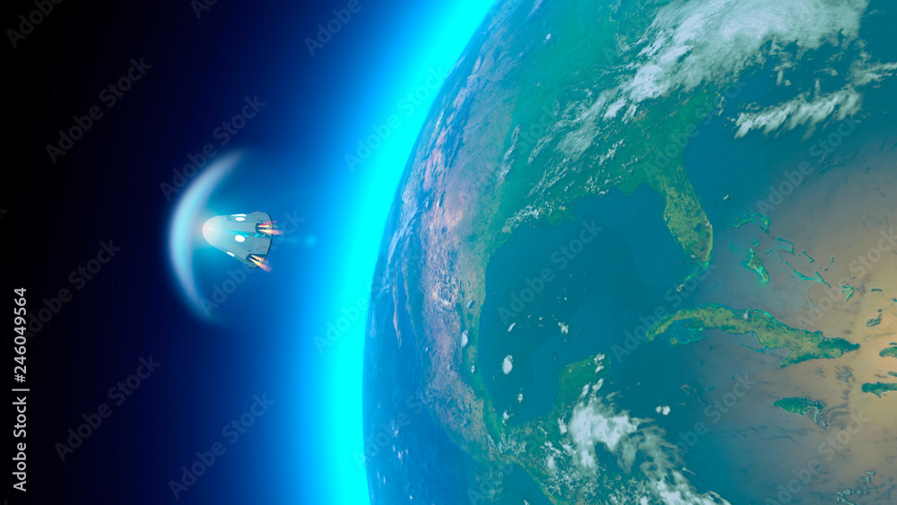 Veicolo spaziale, capsula orbitale da trasporto di equipaggio in direzione della Stazione Spaziale Internazionale. Giro in orbita attorno alla Terra. Vista satellitare della Terra. Atmosfera, attrito Veicolo spaziale, capsula orbitale da trasporto di equipaggio in direzione della Stazione Spaziale Internazionale. Giro in orbita attorno alla Terra. Vista satellitare della Terra. Atmosfera, attrito