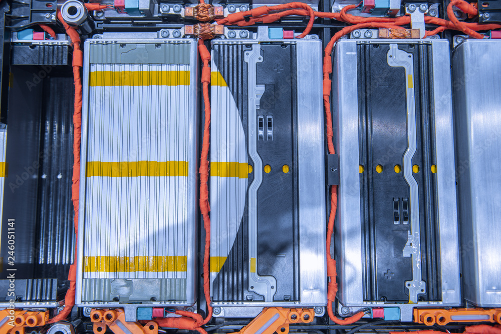 EV car battery pack. Electric car lithium battery pack. Blue toned. Car