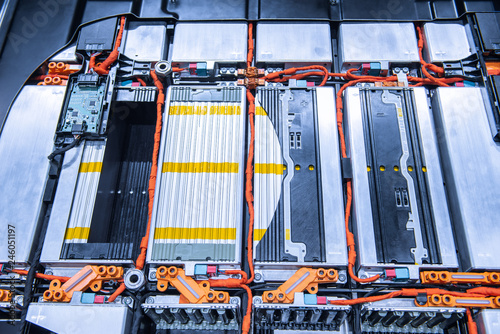 EV car battery pack. Electric car lithium battery pack. Blue toned. Car maintenance.