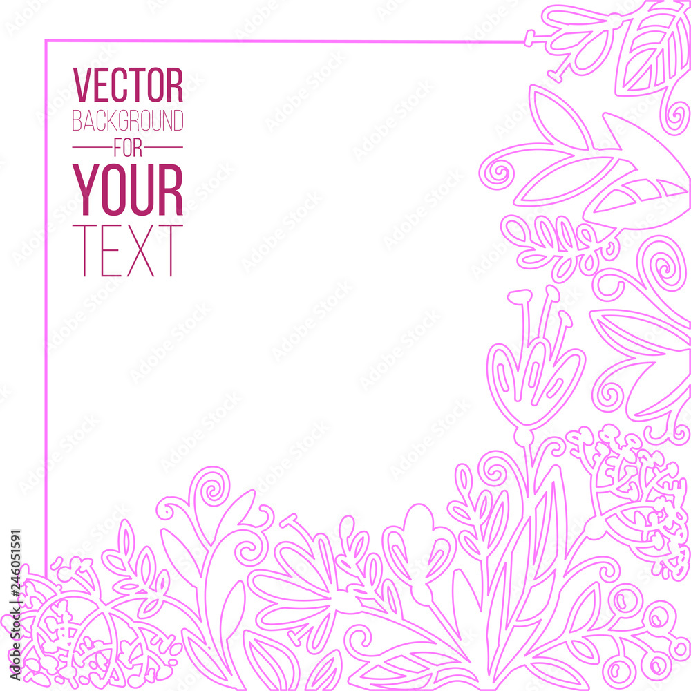 Spring and Summer template with doodle pink floral background. Creative universal editable card in trendy style with hand drawn textures for social media promo, flyers, banners, cards. Vector