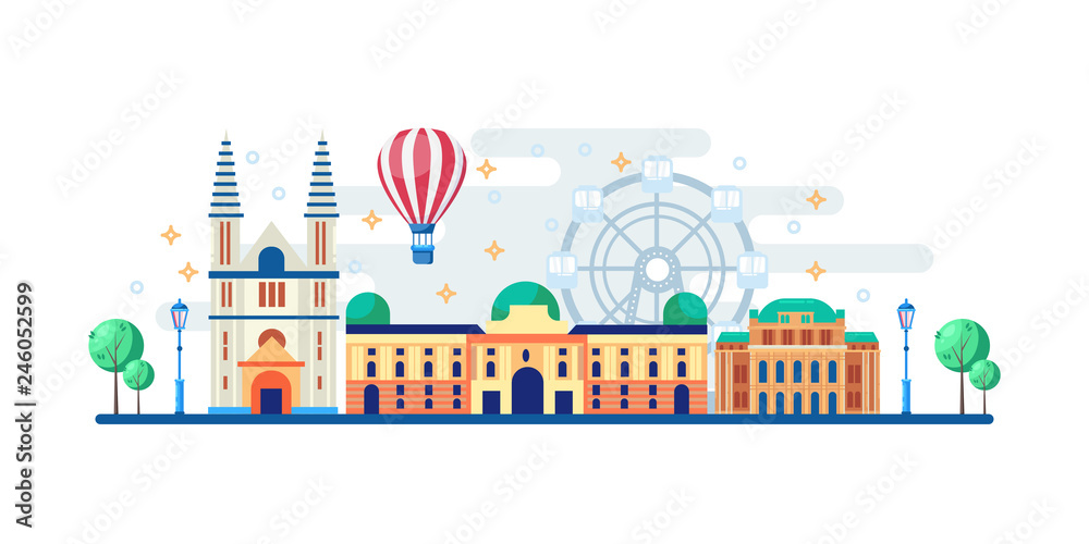 Vienna cityscape with famous touristic landmarks. Vector flat illustration. Travel to Austria horizontal banner design