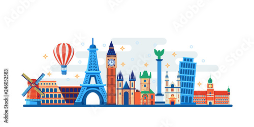 Famous travel and touristic landmarks. Vector flat illustration. World travel concept. Horizontal banner, poster design photo