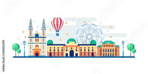 Vienna cityscape with famous touristic landmarks. Vector flat illustration. Travel to Austria horizontal banner design