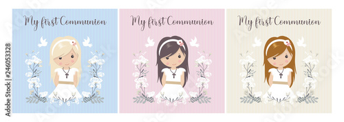 my first communion girl. beautiful girl with communion dress and flower frame