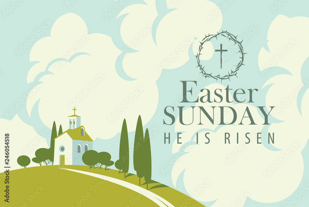 Fototapeta premium Vector Easter banner or card with words Easter Sunday, He is risen. Landscape with small church on the hill and sky with clouds