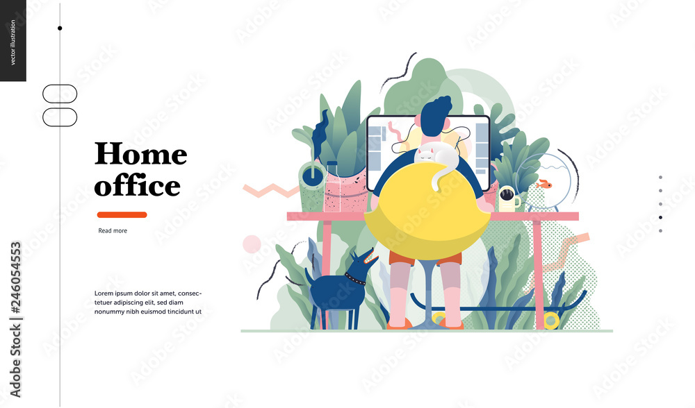 Technology 1 -Home Office - modern flat vector concept digital illustration home office metaphor, a freelancer guy working at home with pets and plants. Creative landing web page design template