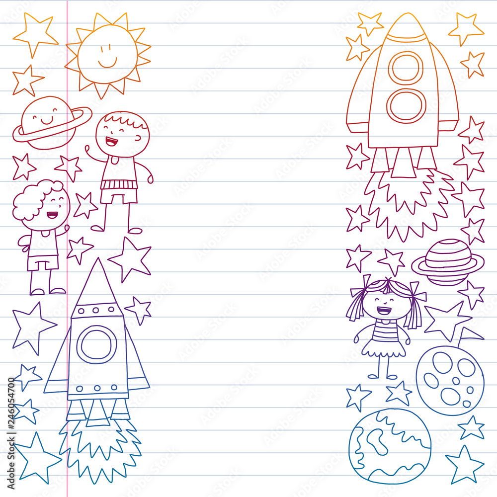 Vector set of space elements icons in doodle style. Painted, drawn with a pen, on a sheet of checkered paper on a white background.