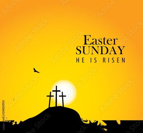 Vector landscape on religious theme with words Easter Sunday, He is risen. Easter illustration with mount Calvary and a silhouettes of three crosses at sunset. Banner for Easter or good Friday