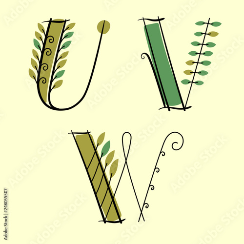 Alphabet Vector Set with green leaves. Letters 