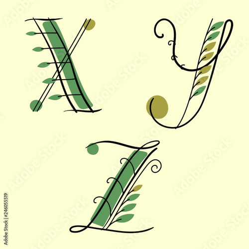 Alphabet Vector Set with green leaves. Letters 