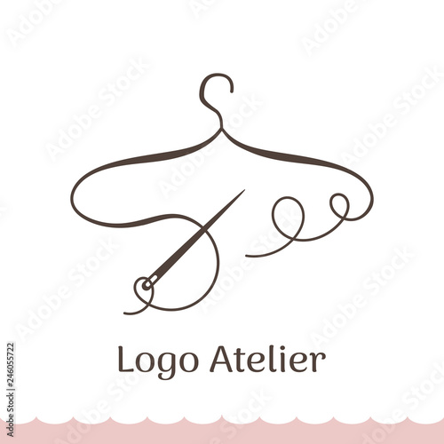 Logo for Atelier, wedding boutique, women's clothing shop. Vector template of the brand for the fashion designer. Element for Studio sewing and tailoring. Stylized hanger from thread and needle