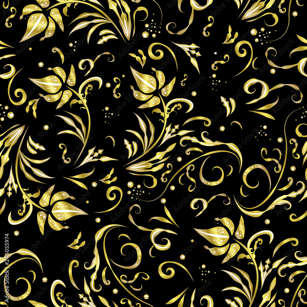 Beautiful golden flowers seamless pattern with love