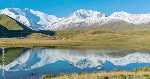 Time lapse video of panoramic view of Lenin Peak at sunrise from Tulpar Kol lake - Kyrgyz Pamir Mountains - Kyrgyzstan and Tajikistan border- Central Asia called 