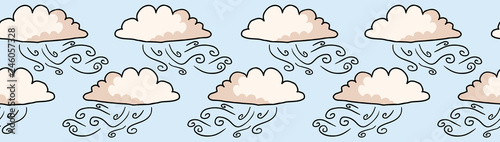 Hand drawn vector cloud illustration. Seamless repeating border of white fluffy wind lineart on cloudy blue banner ribbon. Sketchy creative lineart for edge trim, kids fashion and weather art tape.