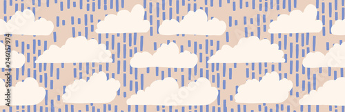 Hand drawn vector rain cloud illustration. Seamless repeating border of white fluffy rainy day lineart on cloudy banner ribb. Sketchy creative lineart for cloudy wallpaper trim, kids weather tape.