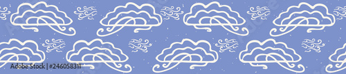 Hand drawn vector cloud illustration. Seamless repeating border of white fluffy wind lineart on cloudy blue banner ribbon. Sketchy creative lineart for wallpaper edging, kids fashion trim,weather art.