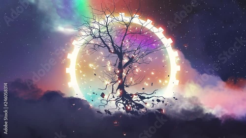 dead tree without leaves floating in front of light gear, motion graphic painting
