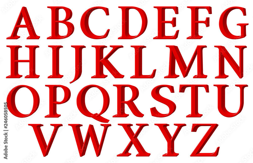 Set of english alphabet letters in uppercase, red, extrusion perspective on right, isolated on white background, 3d illustration Set of english alphabet letters in uppercase, red, extrusion perspective on right, isolated on white background, 3d illustration