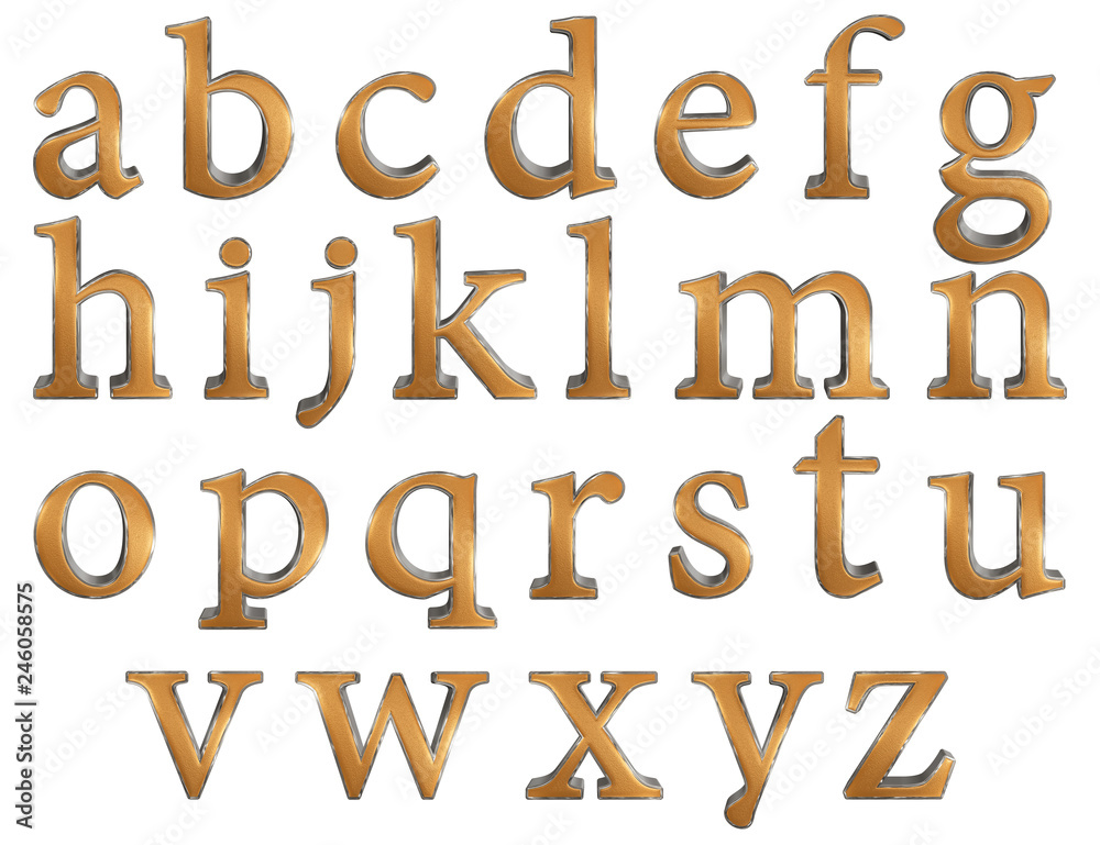 Set of english alphabet letters in lowercase, gold and silver texture, extrusion perspective of straight, isolated on white background, 3d illustration Set of english alphabet letters in lowercase, gold and silver texture, extrusion perspective of straight, isolated on white background, 3d illustration
