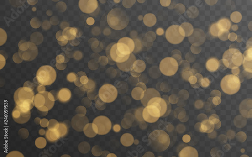 Abstract golden shining bokeh isolated on transparent background. Decoration or christmas background.