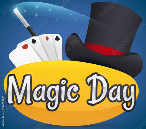 Top Hat, Playing Cards and Magic Wand for Magic Day, Vector Illustration