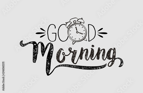Hand drawn illustration of good morning with alarm clock