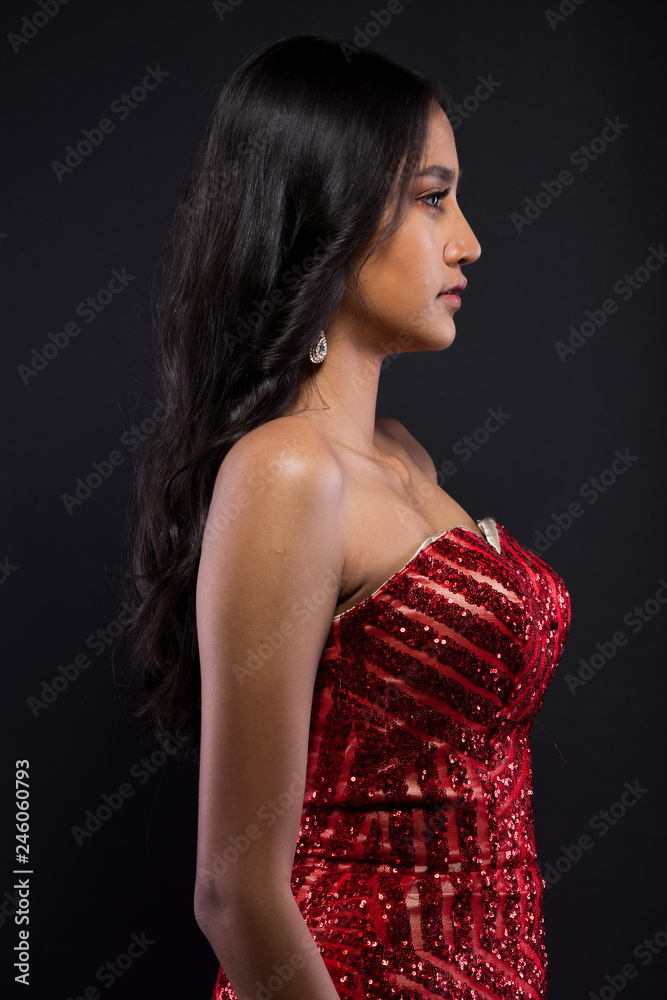 Full Length Body Portrait of 20s Asian Woman Wear Red Evening Gown Long Ball  Dress Stock Image - Image of length, sensual: 227783591