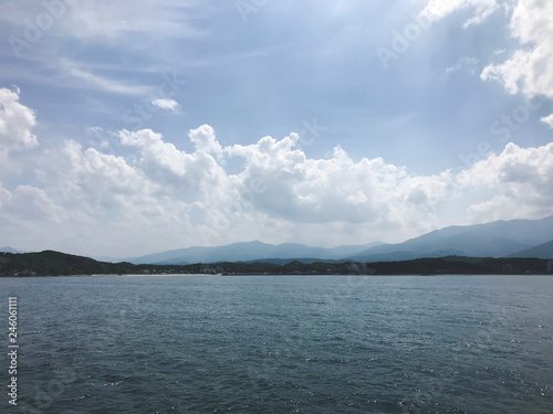 The beautiful view to the mountain coast of South Korea from Japanese sea