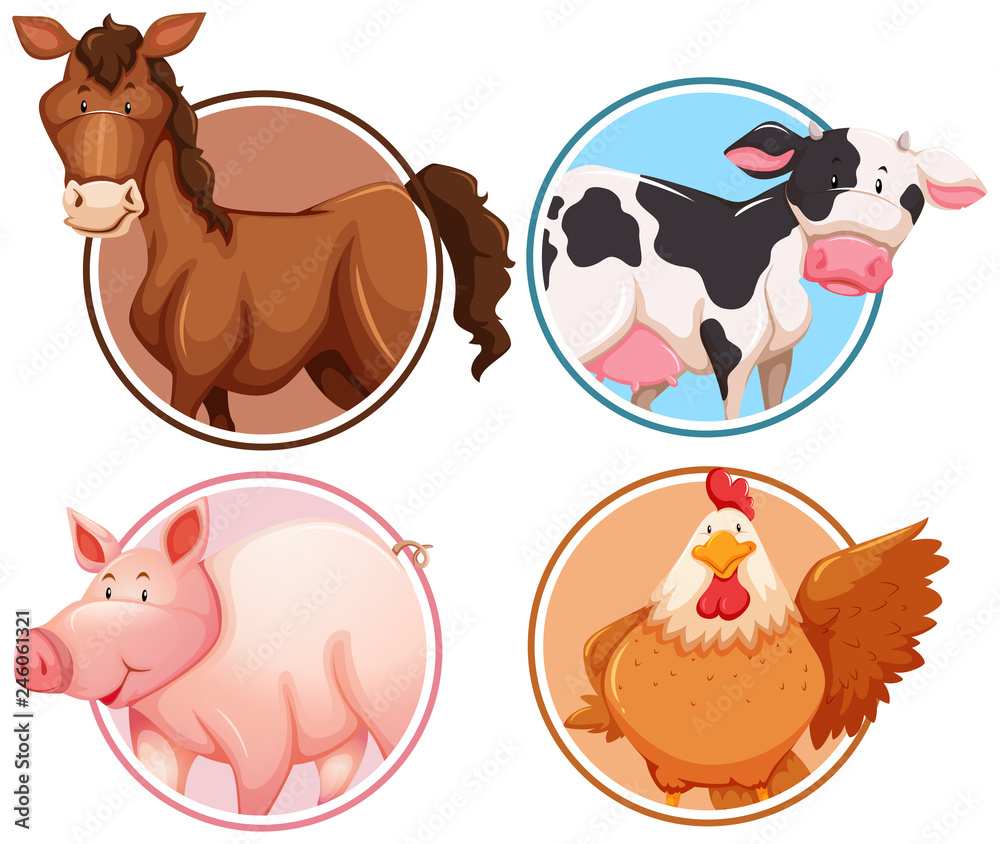 Set of farm animals in circle background