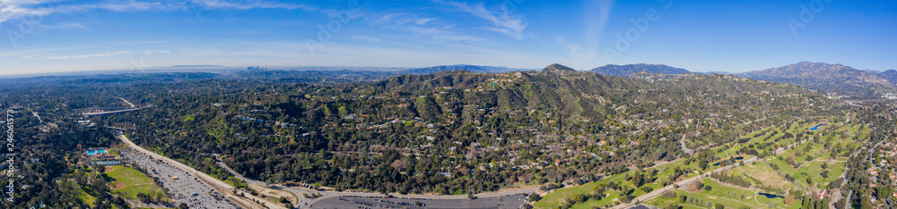 Aerial view of the  famous Brookside Golf & Country Club and Altadena area with Mountains
