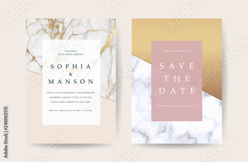 Marble Wedding invitation. Design with Luxury Marbling Golden and Geometric shape pattern. Can be adapt to covers design, RSVP, brochure, Packaging, Magazine, Poster and Greeting cards. Vector 
