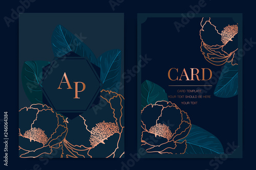 Wedding Invitation, floral invite thank you, rsvp modern card Design in golden rose leaf greenery  branches decorative Vector elegant rustic template