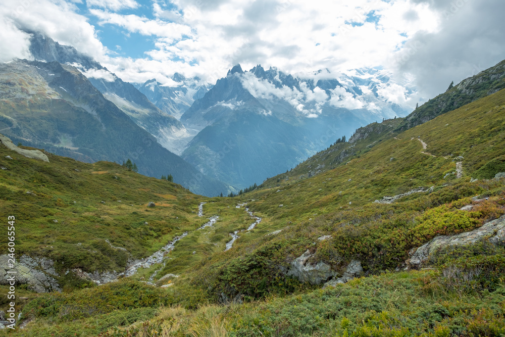 View across alpine meadows  to Mont Blanc Massif, France