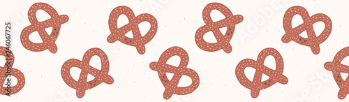 Cute vector pretzel cartoon with smiling face and seeds. Seamless repeating border illustration Hand drawn kawaii bakery bread for kitchen foodie blog, german beer festival restaurant banner ribbon.