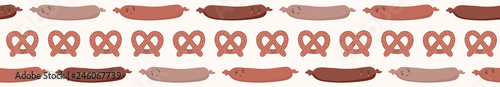 Cute vector pretzel cartoon and german sausage with smiling face. Seamless repeating border illustration. Hand drawn kawaii food for kitchen foodie blog, germany oktoberfest restaurant banner ribbon.