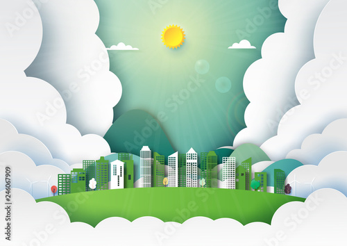 Paper art of nature landscape and green city background template.Ecology and environment conservation creative idea concept.Vector illustration.