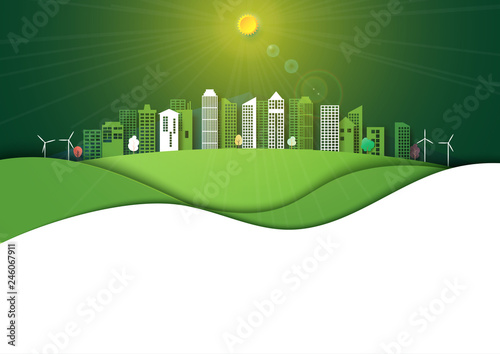 Green energy and eco cityscape background template paper art style.Ecology and environment conservation creative idea concept.Vector illustration.