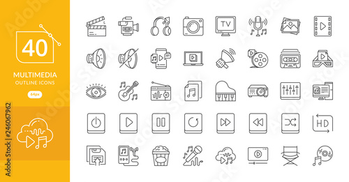 Simple set of multimedia related vector line icons. Contains such camera, computer, cinema, and more