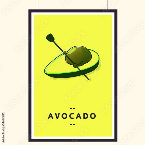 Cute Avocado cartoon character doing boating. Eating healthy and exercise. Flat retro style concept illustration.