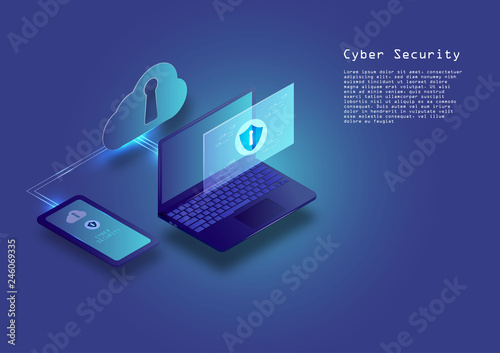 Flat isometric digital cyber security concept  technology vector background © KanawatTH