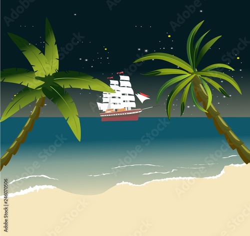 Tropical sea landscape , night time , sailed ship in the horizon, summer beach.