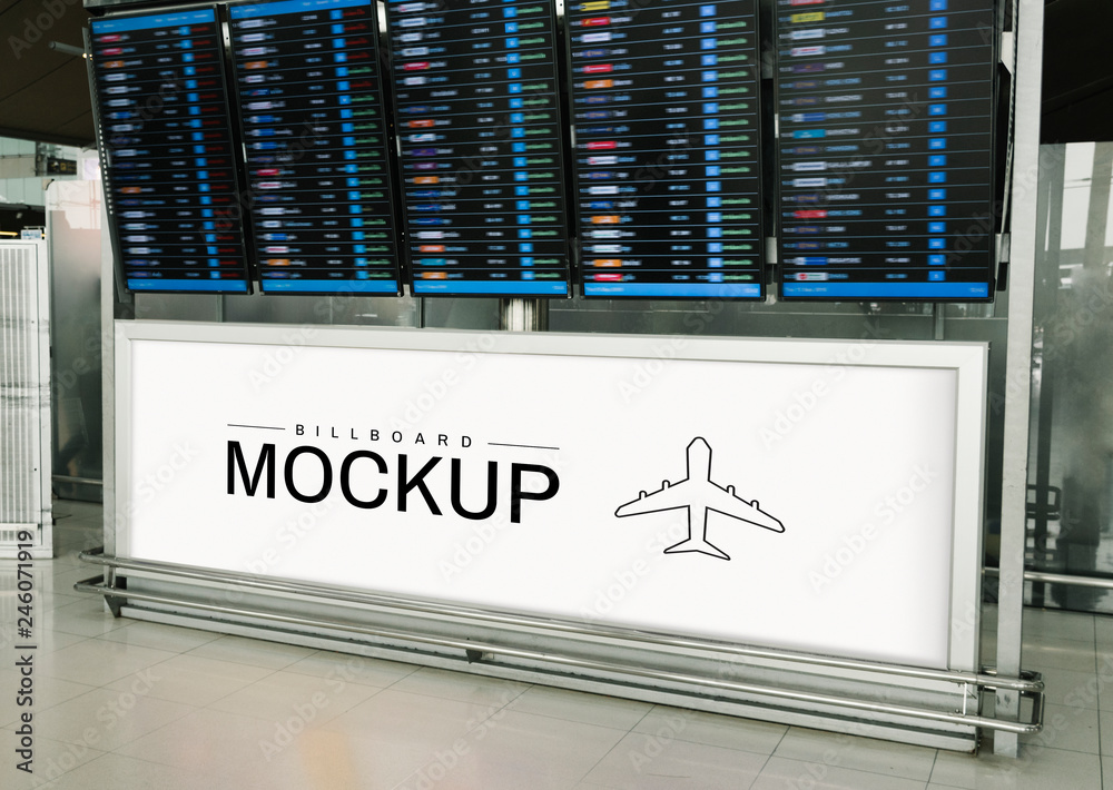 Rectangular billboard mockup under a departure and arrival display board Rectangular billboard mockup under a departure and arrival display board