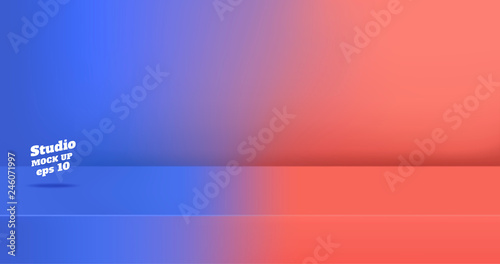 Vector,Empty blue gredient to vivid coral pink color studio table room background ,product display with copy space for display of content design.Banner for advertise product on website.